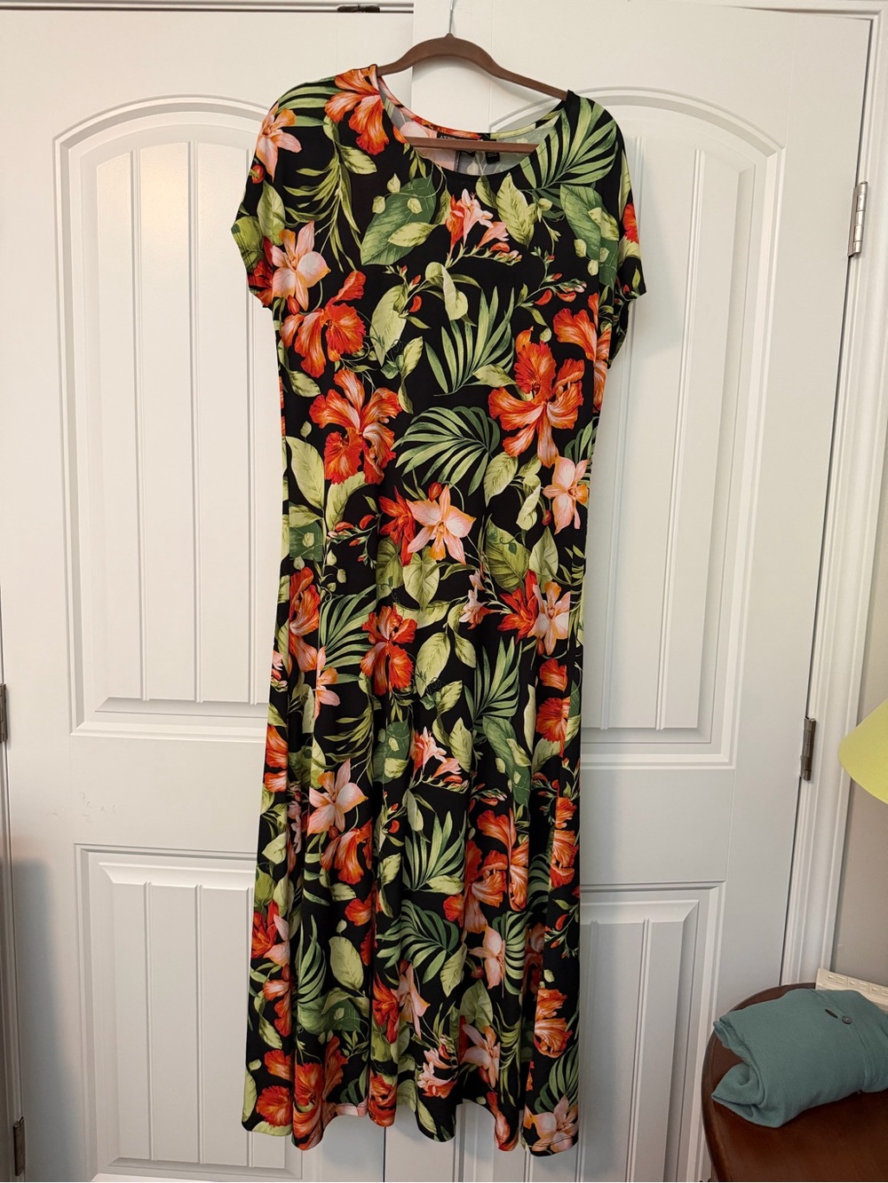 Attitudes by Renee Black Maxi Dress with Orange & Green Tropical Floral Print